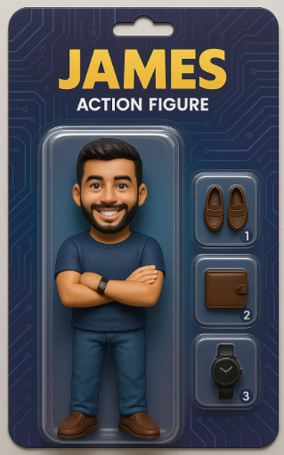 Side-by-side image of a man and his custom digital action figure in blister packaging, featuring accessories like shoes, wallet, and watch, labeled James Action Figure.