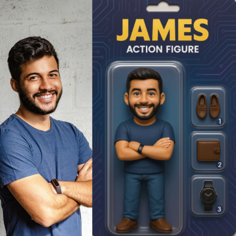 Photorealistic custom action figure in blister packaging, created from a real person’s photo, featuring accessories and a personalized name on the packaging.