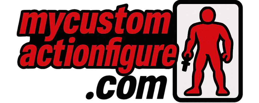 Logo of mycustomactionfigure.com featuring a red and black action figure icon and bold comic-style site name