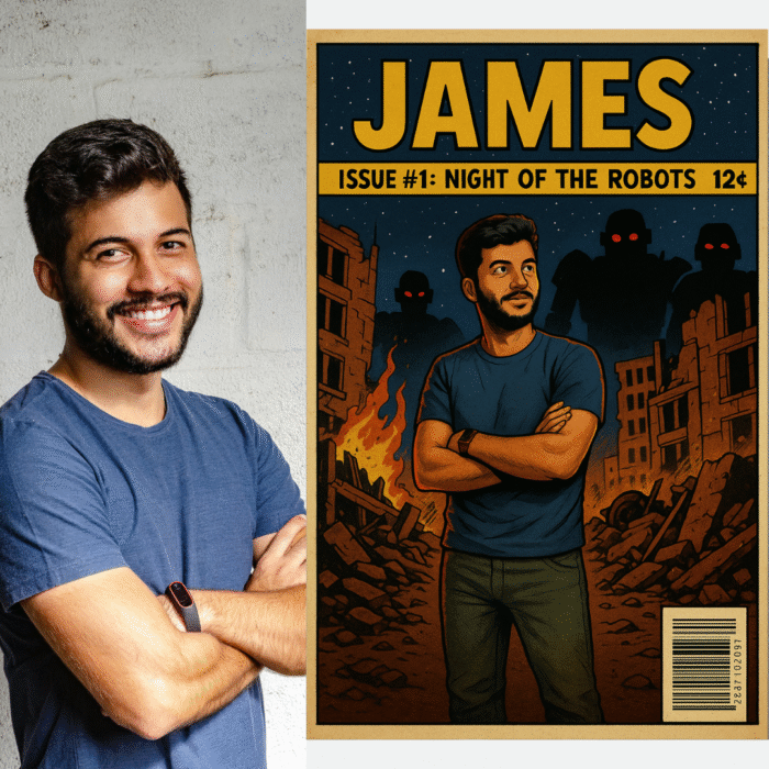 Digital comic book cover illustration featuring a stylized character based on a real photo, set in a dramatic background with a bold comic title, subtitle, barcode, and cinematic comic style.