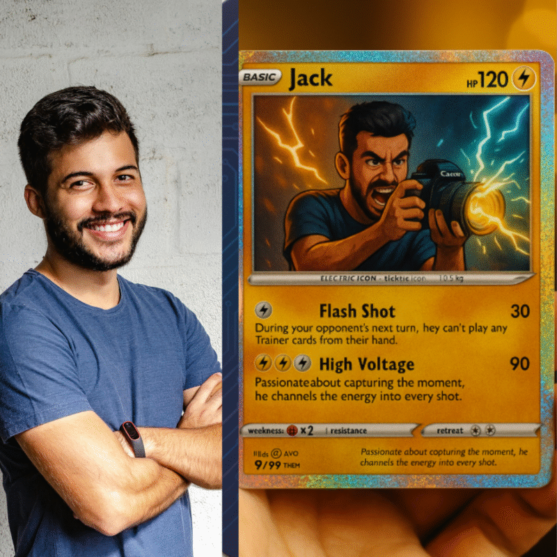 Personalized trading card illustration featuring a stylized character based on a real photo, with powers, stats, and a collectible card layout.