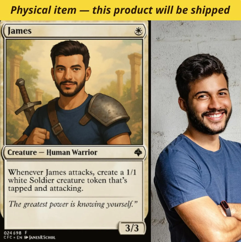“Custom Magic-style card with a personalized portrait, fantasy design, and free physical delivery included, plus digital file version.”