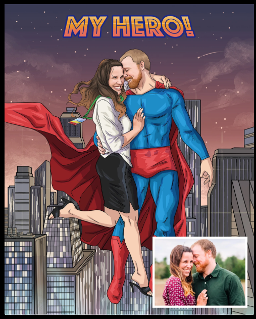 Personalized superhero gifts featuring custom comic book covers and hero designs made from real people for comic and superhero fans